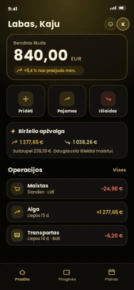 Kroku pradžios ekranas su auksine Luxe Noir premium tema