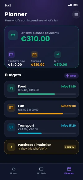Kroku Planner showing money left after planned payments and category budgets